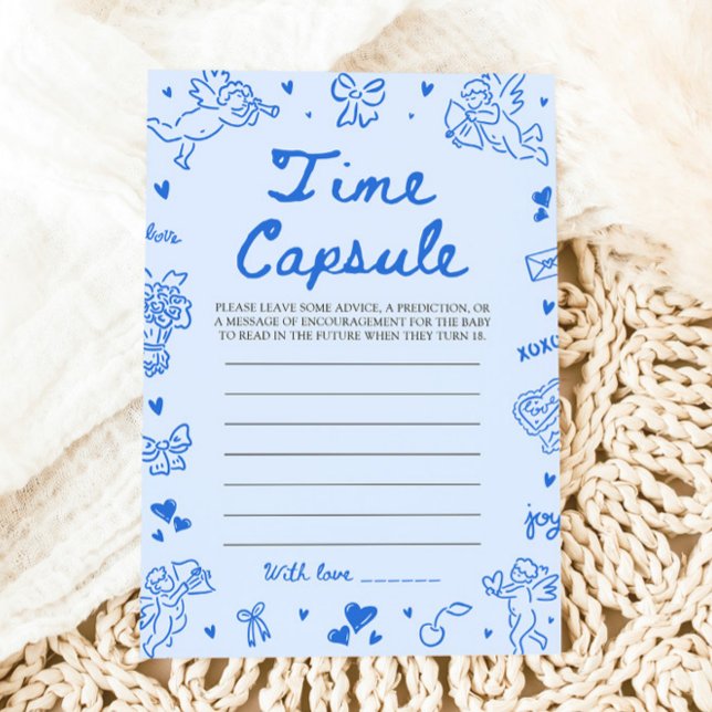 Blå Handritad Bebis Shower Tids Kapsel Spel Inbjudningar (Blue Hand Drawn Baby Shower Time Capsule Game)