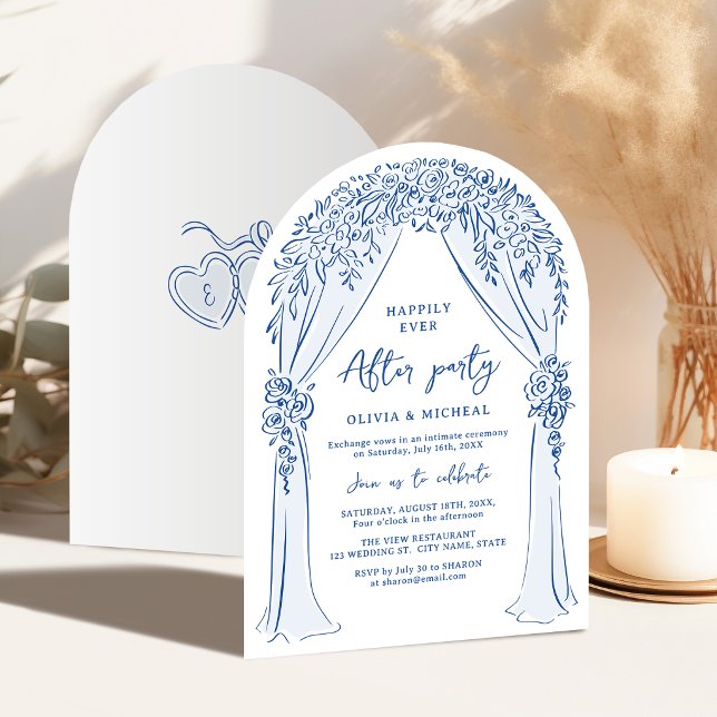 Blå Handritad Blommig Båg Bröllopsfest Inbjudningar (Blue Hand Drawn Floral Arch Wedding party Invitation)