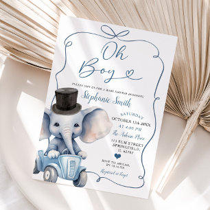 Blå handritad Bow Elephant Baby Shower Boy Inbjudningar
