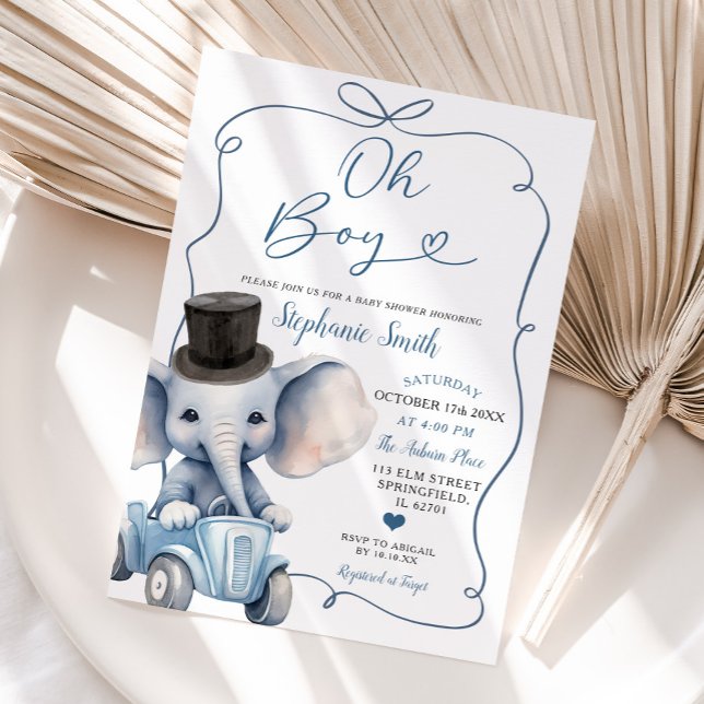 Blå handritad Bow Elephant Baby Shower Boy Inbjudningar (Skapare uppladdad)