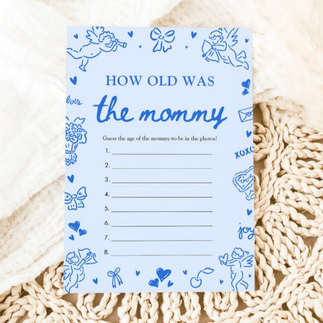 Blå Handritad Hur Gammal Var Mamma Spelet  Inbjudningar (Blue Hand Drawn How Old Was The Mommy Game)