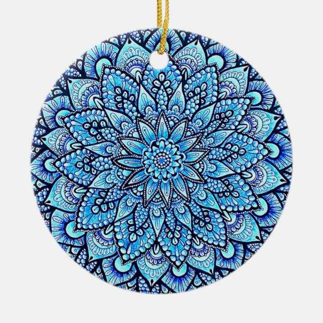 Blå Handritad Mandala-design Julgransprydnad Keramik (Framsidan)