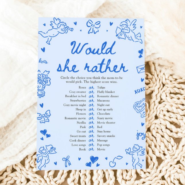 Blå Handritad "Skulle Hon Hellre" Baby Shower-spel Inbjudningar (Blue Hand Drawn Would She Rather Baby Shower Game)