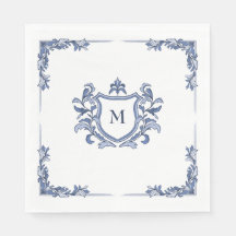 Blå Handritad Vintage Crest Monogram Svullnad Bröl