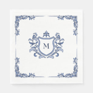 Blå Handritad Vintage Crest Monogram Svullnad Bröl Pappersservett
