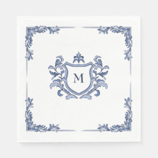 Blå Handritad Vintage Crest Monogram Svullnad Bröl Pappersservett