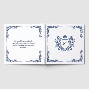 Blå Handritad Vintage Crest Monogrammed Bröllop Gästböcker