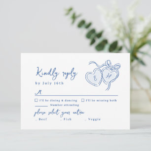 Blå Handritade Hjärtan Monogram Whimsical Bröllop OSA Kort