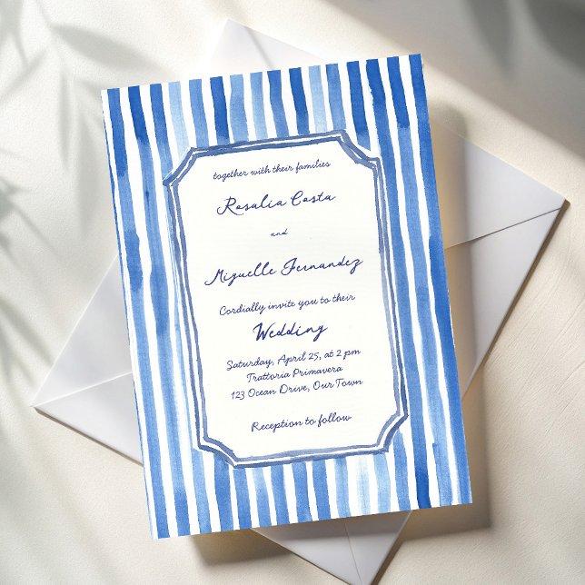 Blå handritade vintage-randiga bröllop inbjudningar (Blue hand drawn stripes hand writing vintage wedding invitation cards template )