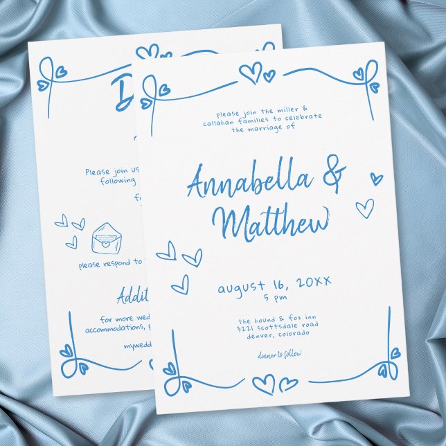 Blå Handritat Hjärta Whimsical Modern Bröllop  Inbjudningar (Blue Hand Drawn Heart Whimsical Modern Wedding Invitation)