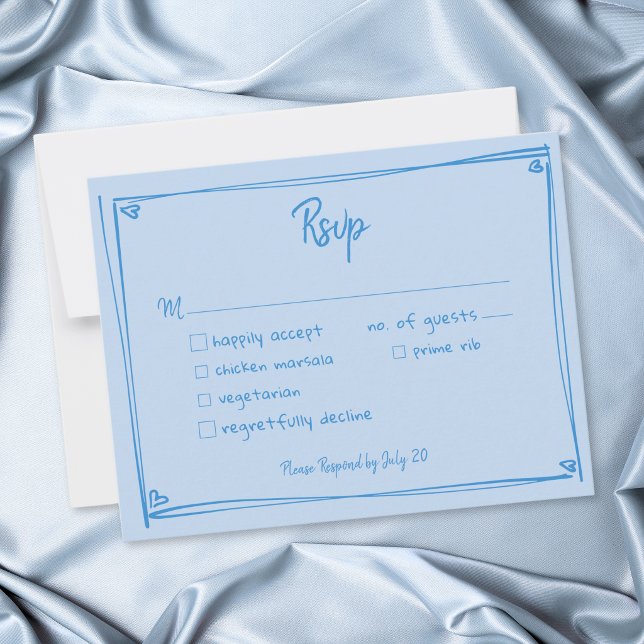 Blå Handritat Hjärta Whimsy Modern Bröllop  OSA Kort (Blue Hand Drawn Heart Whimsical Modern Wedding RSVP Card)