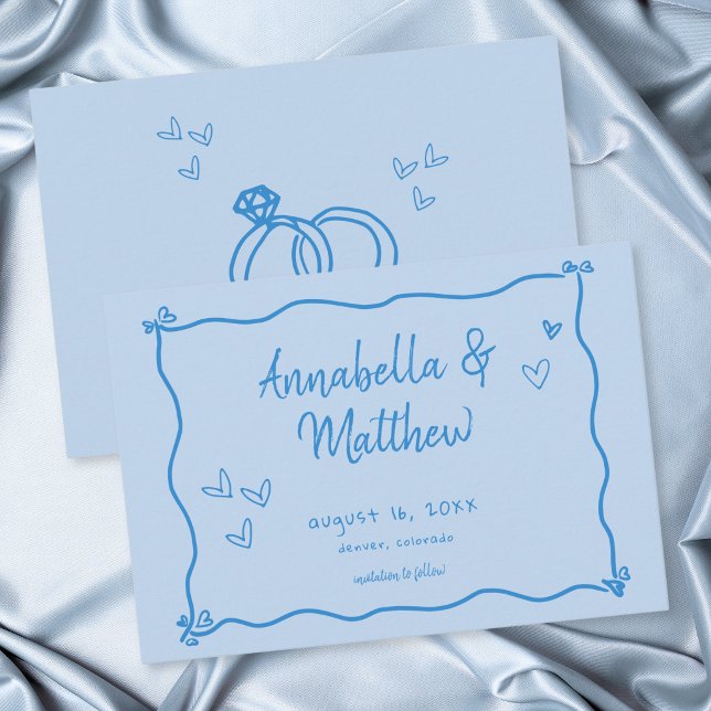 Blå Handritat Hjärta Whimsy Modern Bröllop  Spara Datumet (Blue Hand Drawn Heart Whimsical Modern Wedding Save The Date)