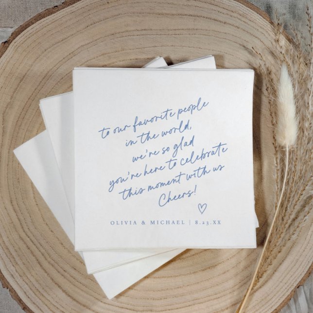 Blå Handskriven Kärleksnotis Stil Bröllop Pappersservett (Blue love note wedding napkin with handwritten note, heart, and modern script design.)