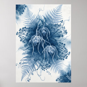 Blå Hängande Orkidé Fern Cyanotyp Botanisk Konst Poster