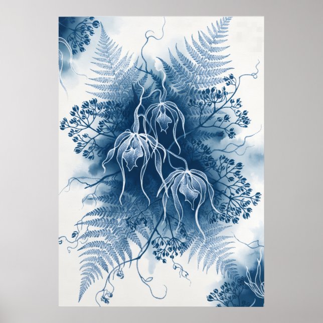 Blå Hängande Orkidé Fern Cyanotyp Botanisk Konst Poster (Framsidan)