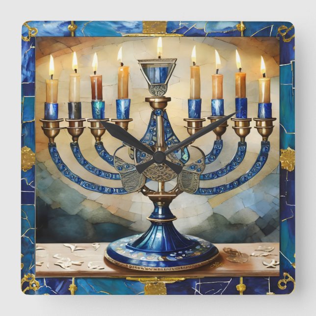 Blå Hanukkah-ljusstake Fyrkantig Klocka (Framsida)