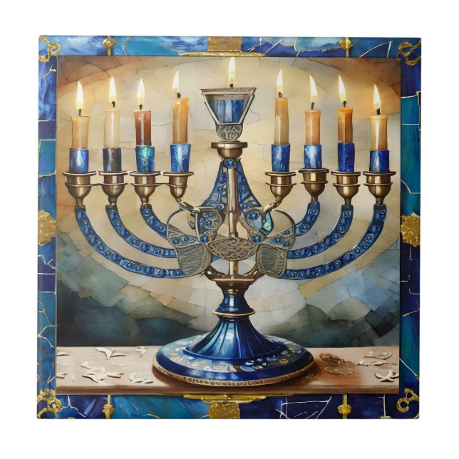 Blå Hanukkah-ljusstake Kakelplatta (Framsidan)