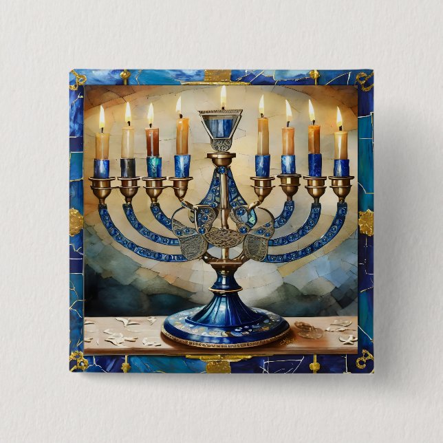 Blå Hanukkah-ljusstake Knapp (Framsida)
