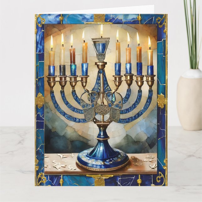 Blå Hanukkah-ljusstake Kort (Framsida)