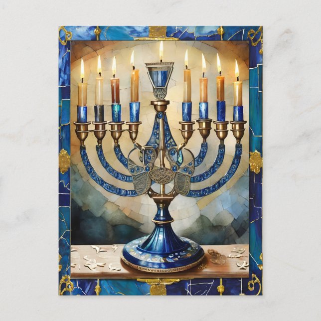 Blå Hanukkah-ljusstake Vykort (Framsida)