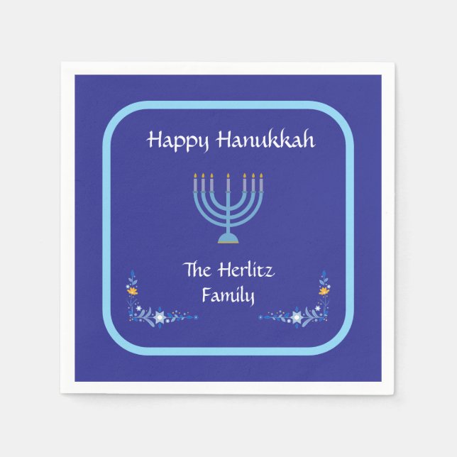 Blå HANUKKAH Menorah Anpassa NAMN Pappersservett (Framsidan)
