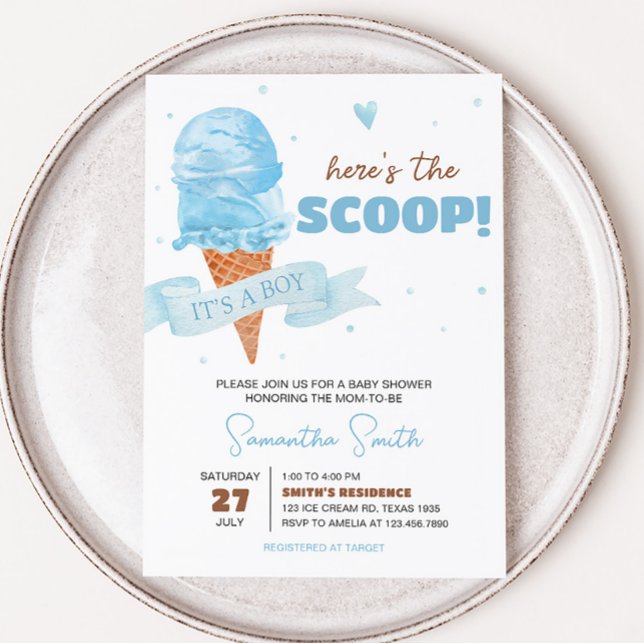 Blå Här är skottskopets babyskor Inbjudningar (Boy Ice Cream Baby Shower Invitation)