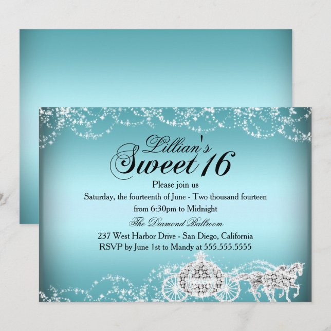 Blå hästvagn prinsessa Sweet 16 inbjudan (Fram/baksida)