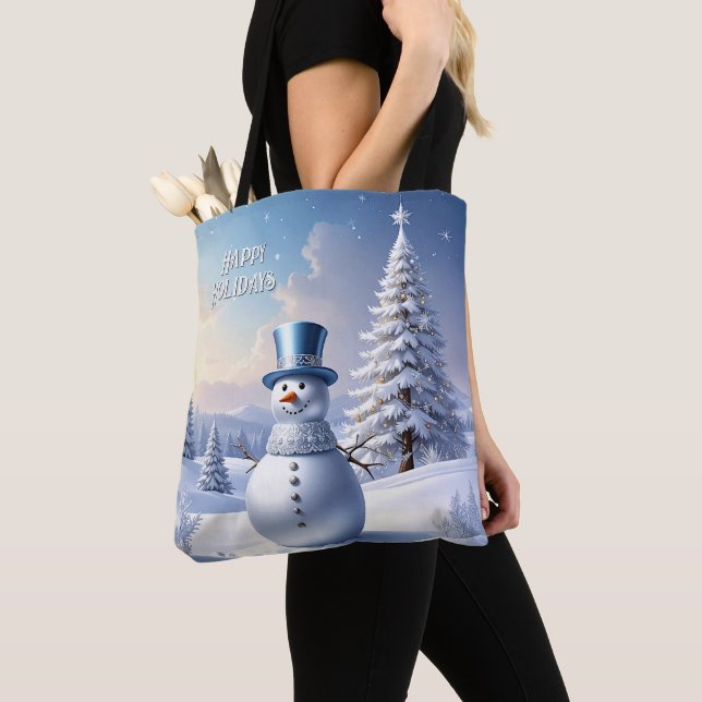 Blå hatt Snömannen Julgran Holiday Tote Bag Tygkasse (Närbild)