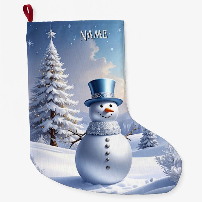 Blå hatt snömannen julgran semester stickning stor julstrumpa (Framsidan)