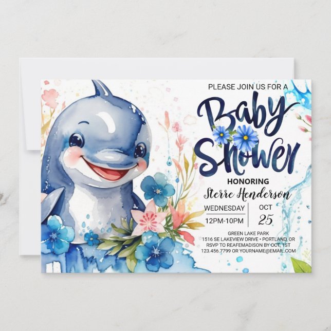 Blå hav och Blommigt Dolphin Boy Shower Inbjudningar (Framsida)