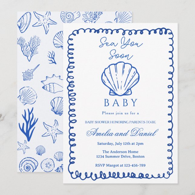 blå hav snart handritad ocean snäckor baby inbjudningar (Fram/baksida)