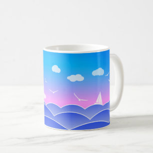 Blå havet Vågar, Segelbåt, Fiskmåsar, Sjöland Kaffemugg