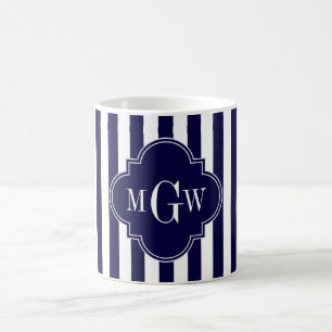 Blå havrefolie 3 Monogram, vit Rand, marin marin Kaffemugg