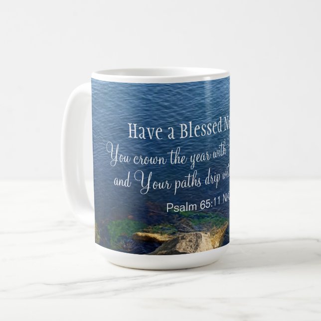 Blå havsfärgad nyårshus, kristen bibelverse kaffemugg (Framsida vänster)