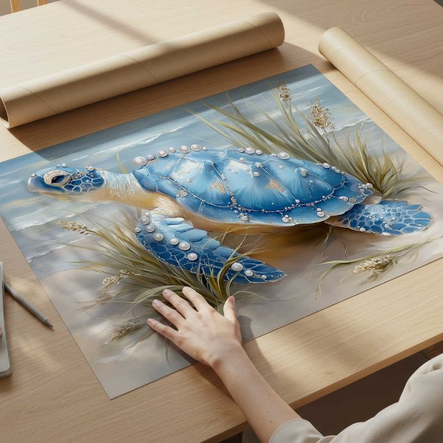 Blå Havssköldpadda Kustnära Strand Konsttryck | Po Poster (Blue Sea Turtle Coastal Beach Art Print | Poster by TinkPrints.)