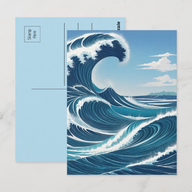 Blå havsvåg med blå himmel vit moln vykort (Fram/baksida)