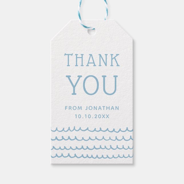 Blå Havsvågor | Baby eller Barns Födelsedags Tack Presentetikett (Framsidan)