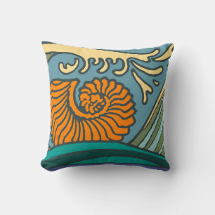 Blå havsvågor Nautilus Snäckmönster Art Nouveau Kudde