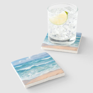 Blå Havsvågor   Strand Hav Aquarellkonst Stenunderlägg