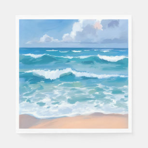 Blå Havsvågor Stranden Hav Aquarell Pappersservett