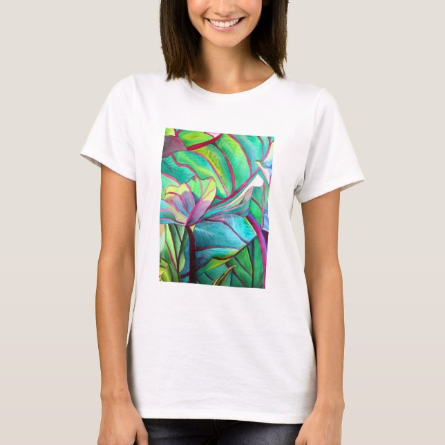 Blå Hawaii Tropical löv foliage art T Shirt (Framsida)