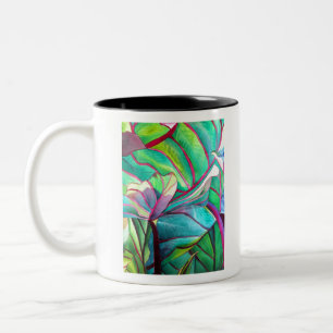 Blå Hawaii Tropical löv foliage art Två-Tonad Mugg