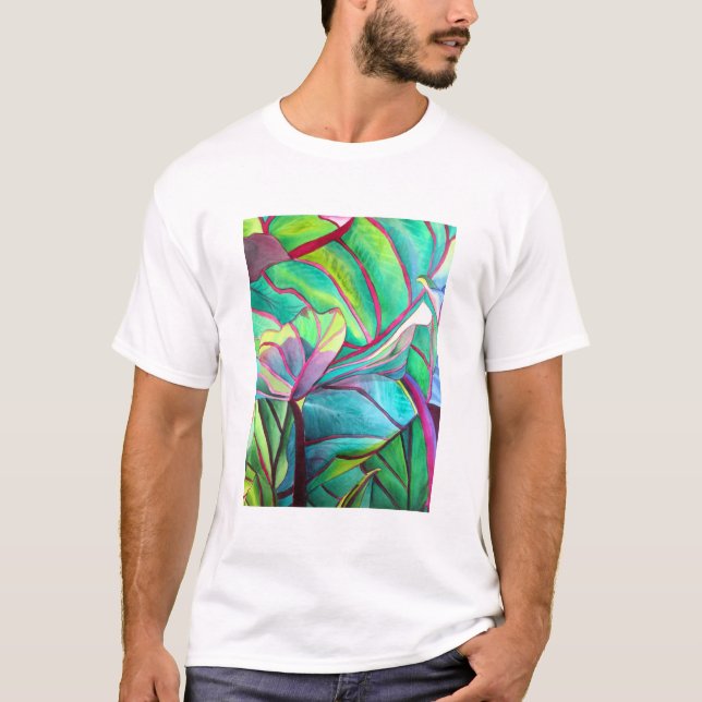 Blå Hawaii Tropisk blad lövverk konst T Shirt (Framsida)