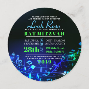 Blå Hebreiska Brev och Musik noter Bat mitzvah Inbjudningar
