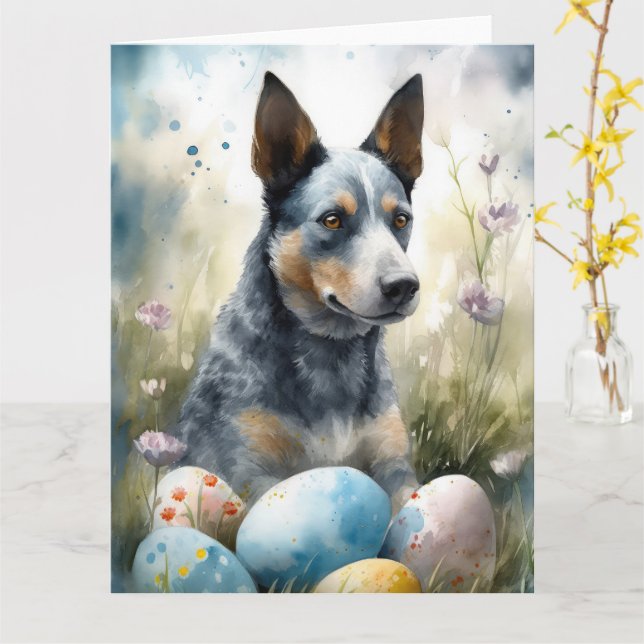 Blå Heeler Hund med Påskägg Semester Kort (Gul blomma)