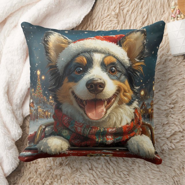 Blå Heeler Hund Rullande Tåg Jul Kudde (Filt)