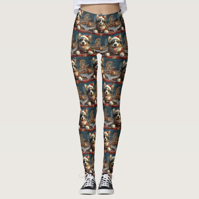 Blå Heeler Hund Rulltrappa Jul Leggings (Framsida)