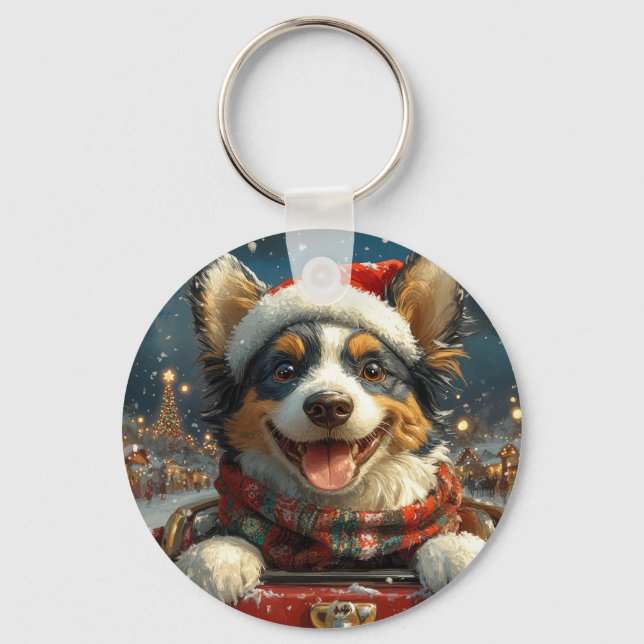 Blå Heeler Hund Rulltrappa Jul Nyckelring (Framsida)