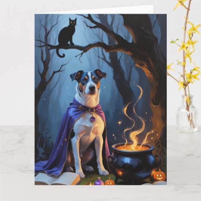 Blå Heeler Hund Whimsical Halloween-målning Kort (Gul blomma)