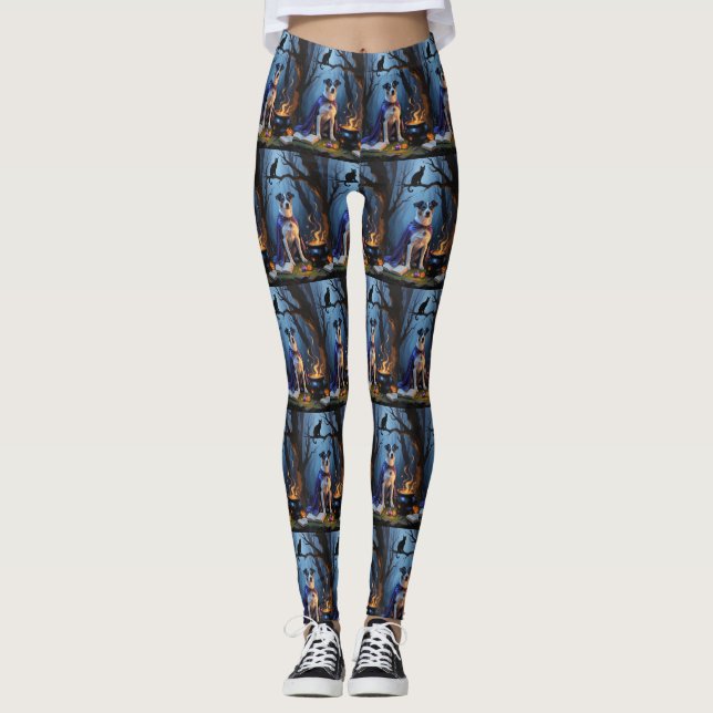 Blå Heeler Hund Whimsical Halloween-målning Leggings (Framsida)